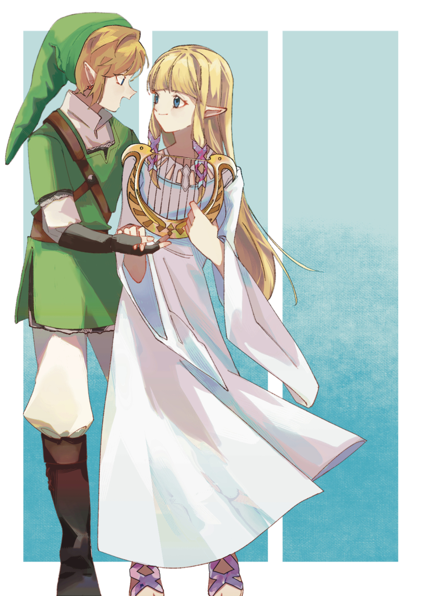 1boy, 1girl, belt, black_gloves, blonde_hair, blue_background, blue_eyes, blunt_bangs