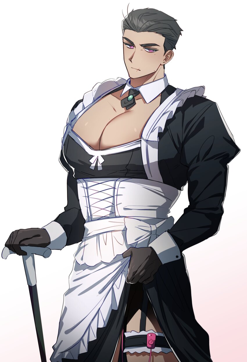 1boy, absurdres, apron, bara, black_dress, cane, clothes_lift, crossdressing, crossdressing_(mtf), dress, expressionless, frilled_apron, frills, gonggye_hs, grey_hair, highres, holding, holding_cane, huge_pectorals, lifting_own_clothes, looking_at_viewer, maid, maid_apron, male_focus, male_maid, muscular, muscular_male, original, pectoral_cleavage, pectorals, scar, scar_on_face, scar_on_mouth, short_hair, sideburns, skirt, skirt_lift, solo, thick_eyebrows, vibrator_in_thigh_strap, white_apron, wrist_cuffs