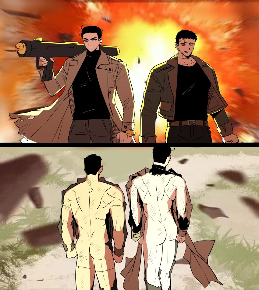 2boys, absurdres, ass, bara, belt, bird, check_copyright, copyright_request, debris, duck, feet_out_of_frame, gonggye_hs, highres, m1_bazooka, male_focus, multiple_boys, muscular, muscular_male, original, parody, rocket_launcher, sequential, short_hair, split_screen, stitches, thick_eyebrows, torn_clothes, upper_body, walking, walking_away, weapon