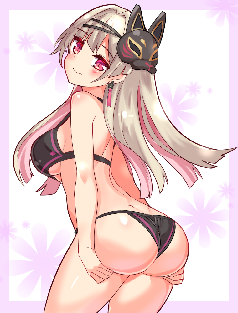 1girl, ass, ass_focus, ass_support, bare_shoulders, bikini, blush, breasts, butt_crack, cougar_(cougar1404), from_behind, huge_ass, large_breasts, light_brown_hair, long_hair, looking_at_viewer, makurano_neena, mask, mask_on_head, multicolored_hair, pink_hair, production_kawaii, purple_eyes, sideboob, smile, solo, swimsuit, very_long_hair, virtual_youtuber, wedgie