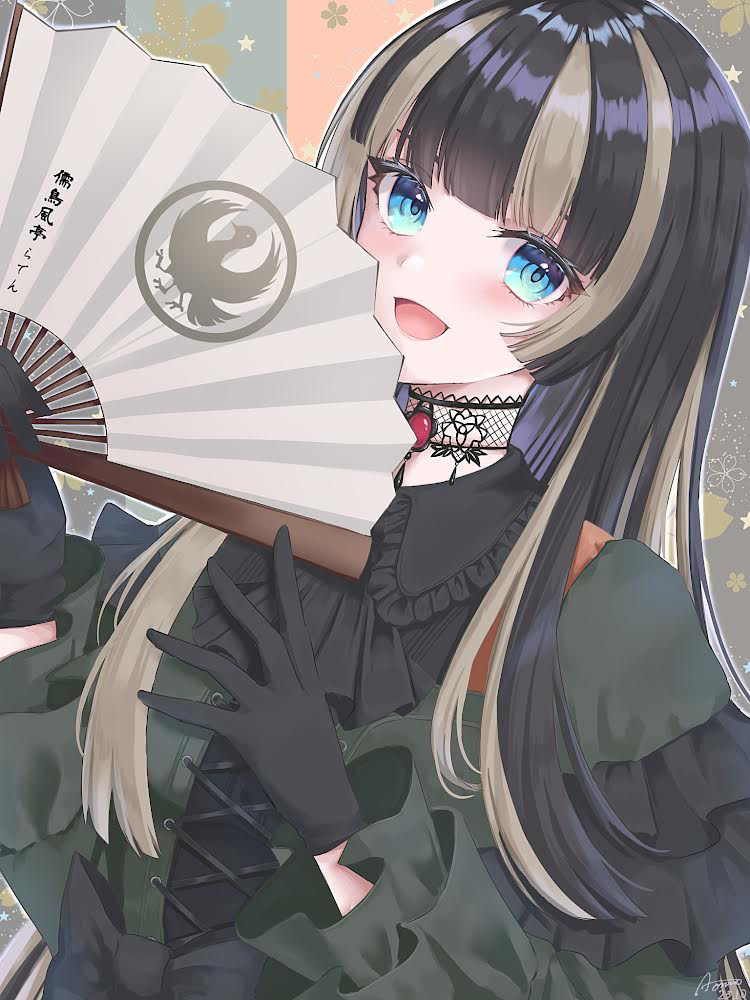 1girl, aomo, black_choker, black_dress, black_gloves, black_hair, blue_eyes, blush