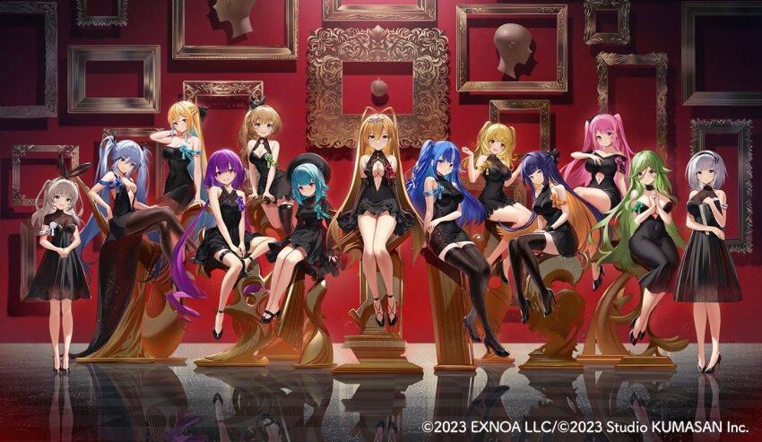 2023, 6+girls, aqua_hair, arte_(girls_creation), bare_shoulders, beret, black_dress, black_hair