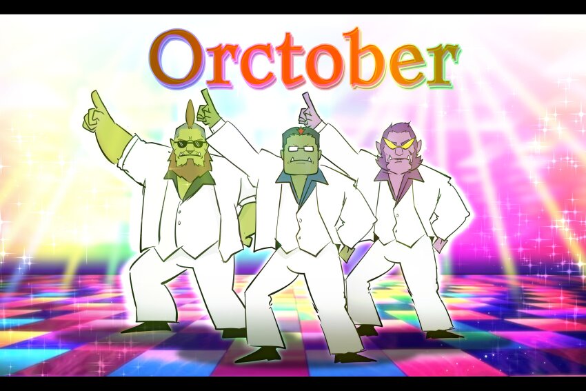 3boys, absurdres, arm_up, beard, belly, character_request, colored_skin, colorful, dancing, deformed, disco, disco_ball, facial_hair, formal_clothes, full_body, glasses, green_skin, highres, index_finger_raised, indie_virtual_youtuber, looking_at_viewer, male_focus, minchi_(anda), mohawk, monster_boy, multicolored_hair, multiple_boys, opaque_glasses, orc, orctober, pointy_ears, purple_skin, randon_(vtuber), shirt, shoes, short_hair, standing, streaked_hair, suit, sunglasses, thick_eyebrows, tusks, virtual_youtuber, white_suit