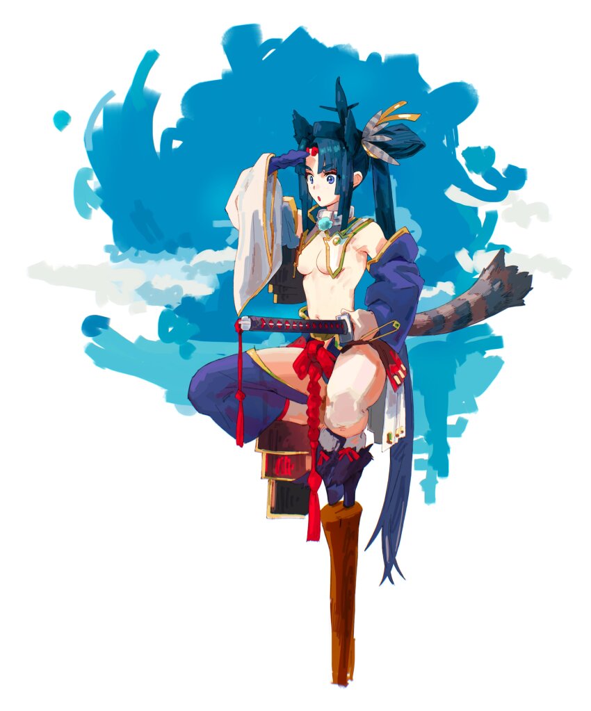 1girl, absurdres, armor, asymmetrical_clothes, asymmetrical_sleeves, bchan1582, black_hair, blue_eyes