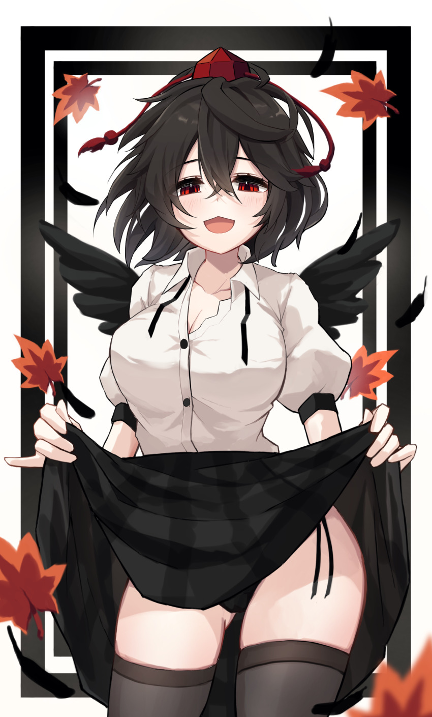 1girl, absurdres, bird_wings, black_border, black_bra, black_feathers, black_hair, black_panties
