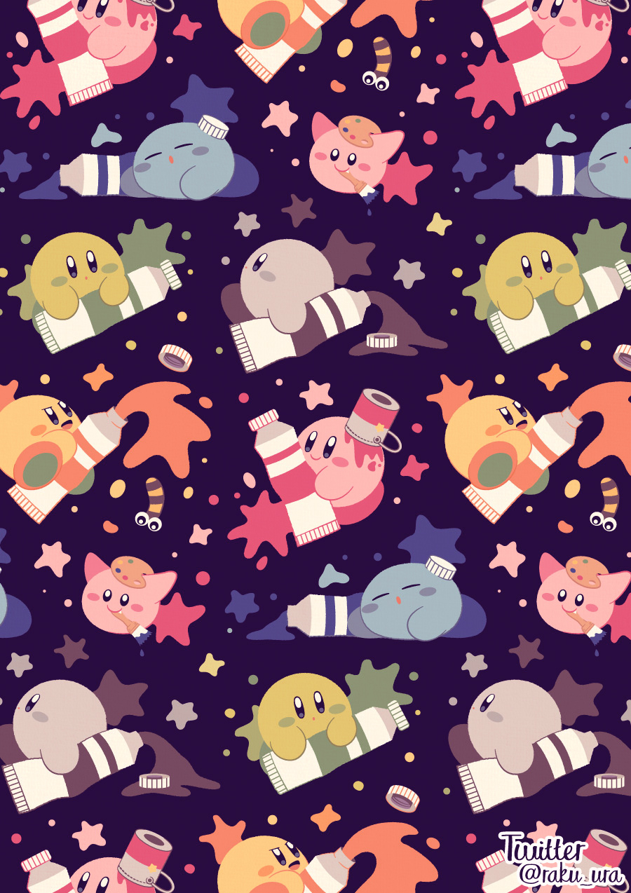 :o, black_background, black_footwear, blue_eyes, blue_skin, blush_stickers, can_on_head, clone, closed_eyes, closed_mouth, colored_skin, commentary, english_commentary, from_side, green_footwear, green_skin, grey_skin, highres, holding, holding_brush, kirby, kirby_(series), lying, mouth_hold, nintendo, no_humans, on_side, open_mouth, orange_shoes, paint_can, paint_splatter, paint_tube, paint_palette, palette_swap, pink_skin, raku_ura, red_footwear, scarfy, shoes, sleeping, smile, star_(symbol), twitter_username, yellow_skin