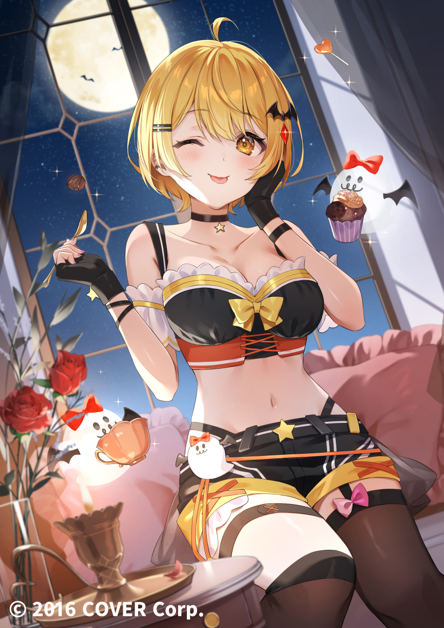 1girl, ;p, ahoge, arm_cuffs, asymmetrical_legwear, bare_shoulders, bat_(animal), bat_hair_ornament, belt, black_bustier, black_choker, black_gloves, black_ribbon, black_shorts, blonde_hair, bow, bracelet, breasts, bustier, candy, choker, cleavage, copyright_name, corset, earrings, fingerless_gloves, flower, food, frills, full_moon, garter_straps, gloves, hair_between_eyes, hair_ornament, hairclip, hairpin, hand_on_own_face, highleg, highleg_panties, highres, hololive, jewelry, kapumin_(yozora_mel), kneehighs, lollipop, looking_at_viewer, medium_breasts, midriff, moon, nail_polish, navel, night, official_art, one_eye_closed, panties, parallel_hairclips, pillow, pink_bow, red_flower, red_rose, ribbon, rose, short_hair, short_shorts, shorts, single_garter_strap, single_kneehigh, single_sock, single_thighhigh, sitting, sky, socks, solo, star_(sky), star_(symbol), star_choker, starry_sky, thigh_strap, thighhighs, tongue, tongue_out, underbust, underwear, virtual_youtuber, window, wrist_ribbon, yellow_bow, yellow_eyes, yozora_mel, yozora_mel_(2nd_costume), zattape