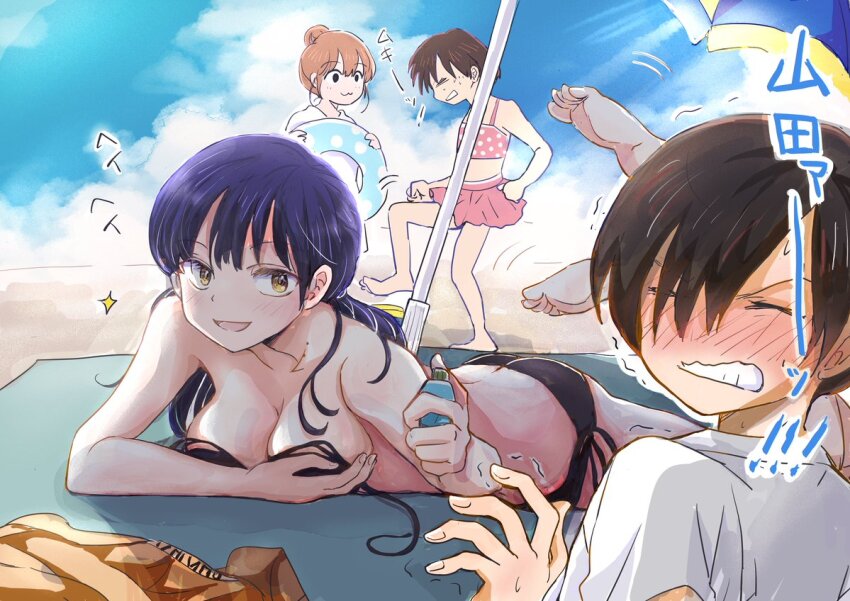 1boy, 3girls, :3, ass, bare_shoulders, barefoot, beach, beach_umbrella