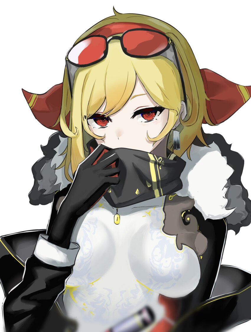 1girl, asymmetrical_hair, black_gloves, black_scarf, blonde_hair, blurry, bodysuit, breasts