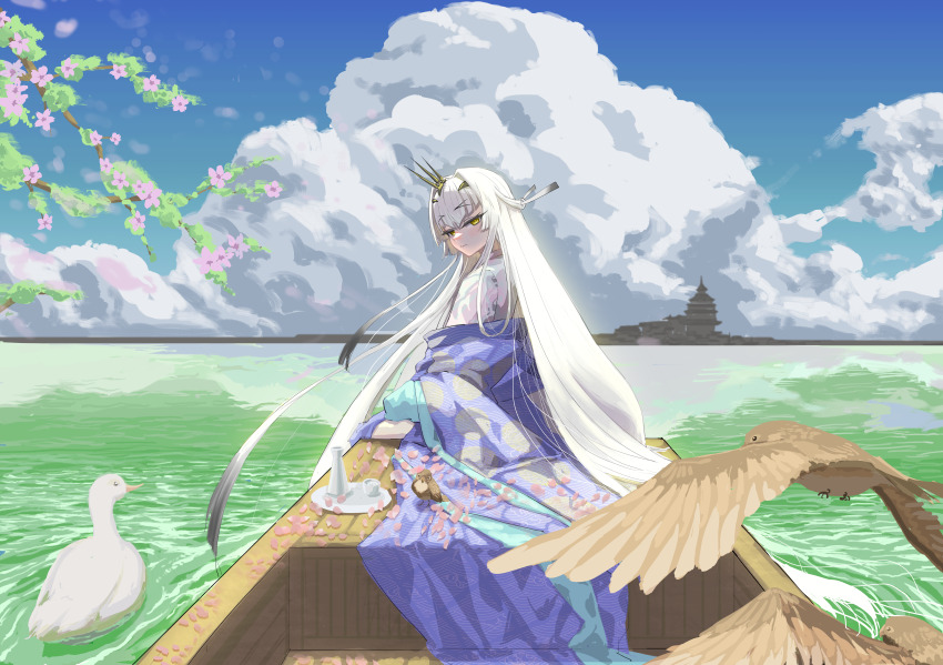 1girl, absurdres, animal, bananabeta, bird, blue_kimono, boat, branch