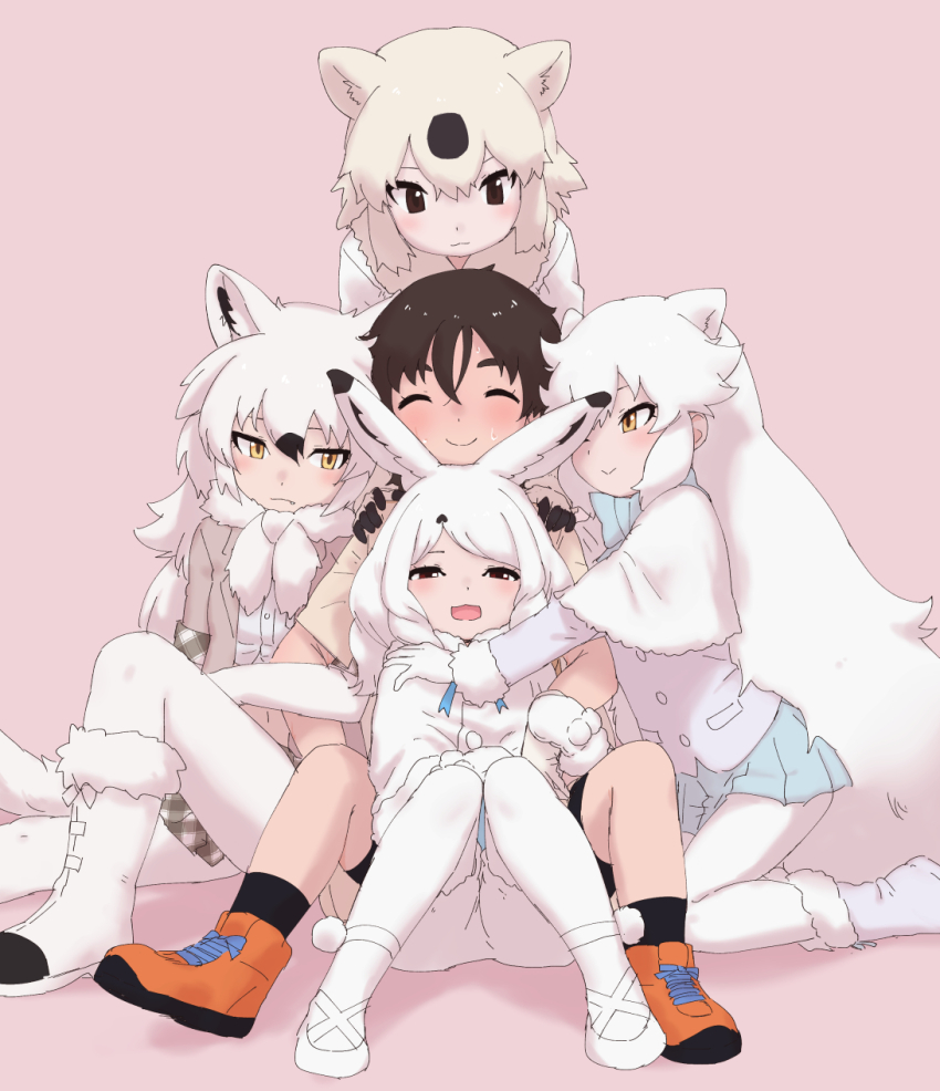 1boy, 4girls, animal_ears, arctic_fox_(kemono_friends), arctic_hare_(kemono_friends), arctic_wolf_(kemono_friends), bear_ears, bear_girl