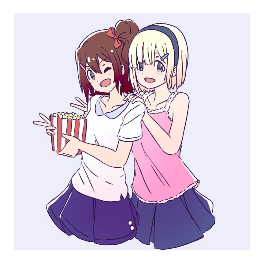 2girls, black_hairband, blonde_hair, blue_eyes, blue_skirt, bow, brown_hair, bucket