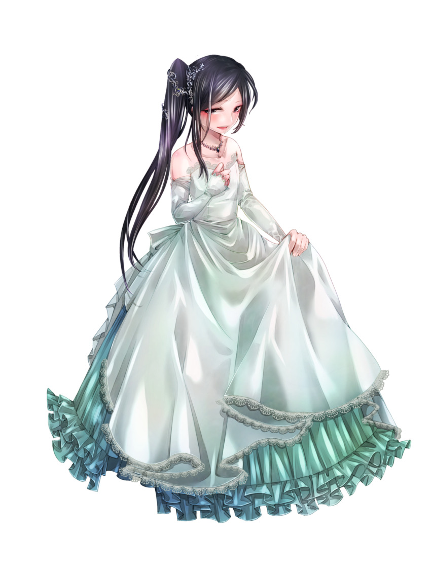 1girl, bare_shoulders, black_eyes, black_hair, chain_paradox, detached_sleeves, dress, frilled_dress, frills, full_body, highres, holding_own_dress, jewelry, long_hair, long_sleeves, looking_at_viewer, necklace, ponytail, sakunya_(tw), shiromizu_hotaru, solo, standing, transparent_background