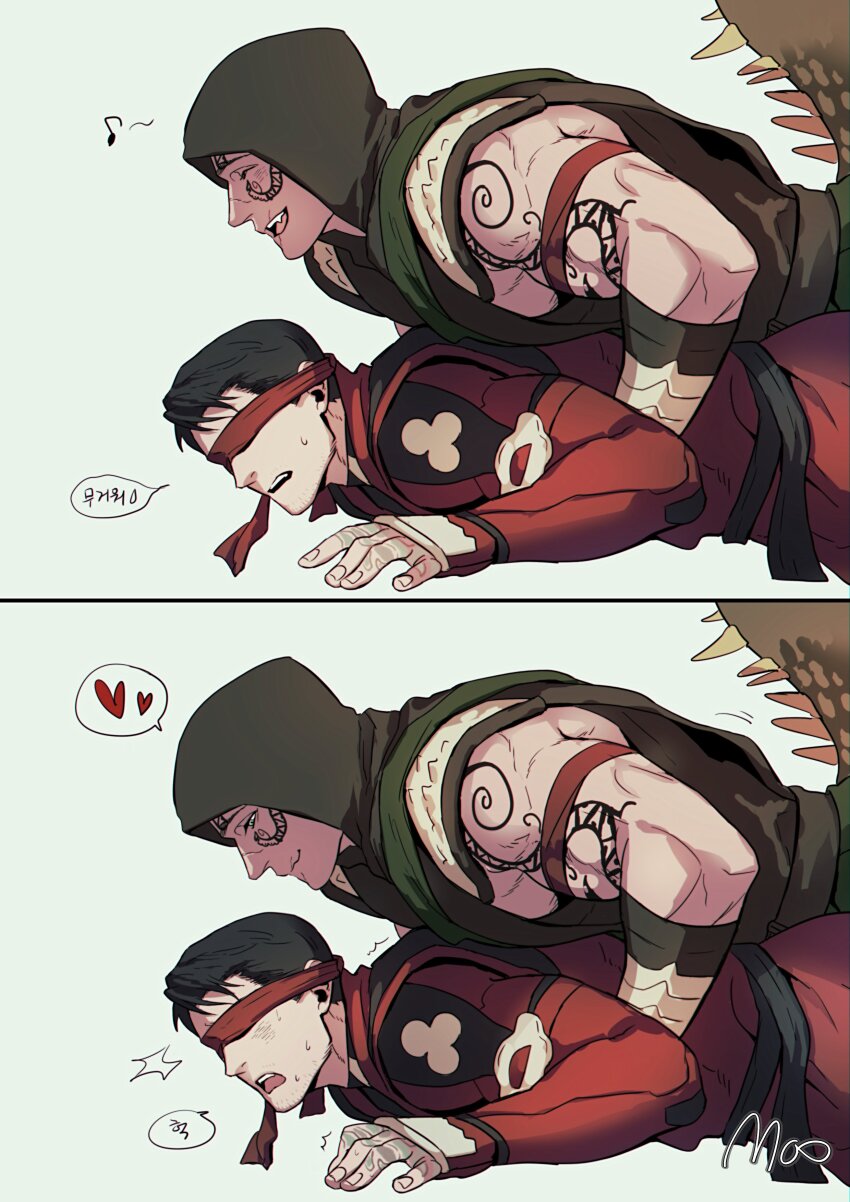 2boys, absurdres, arm_tattoo, artist_name, bara, black_hair, blindfold, closed_eyes, closed_mouth, coat, couple, covered_eyes, facial_tattoo, heart, highres, hood, hood_up, kenshi_(mortal_kombat), looking_at_another, male_focus, moo_og, mortal_kombat_(series), mortal_kombat_1_(2023), multiple_boys, muscular, muscular_male, open_mouth, colored_blindfold, red_coat, reptile_(mortal_kombat), reptile_boy, short_hair, smile, speech_bubble, tail, tattoo, translation_request, yaoi