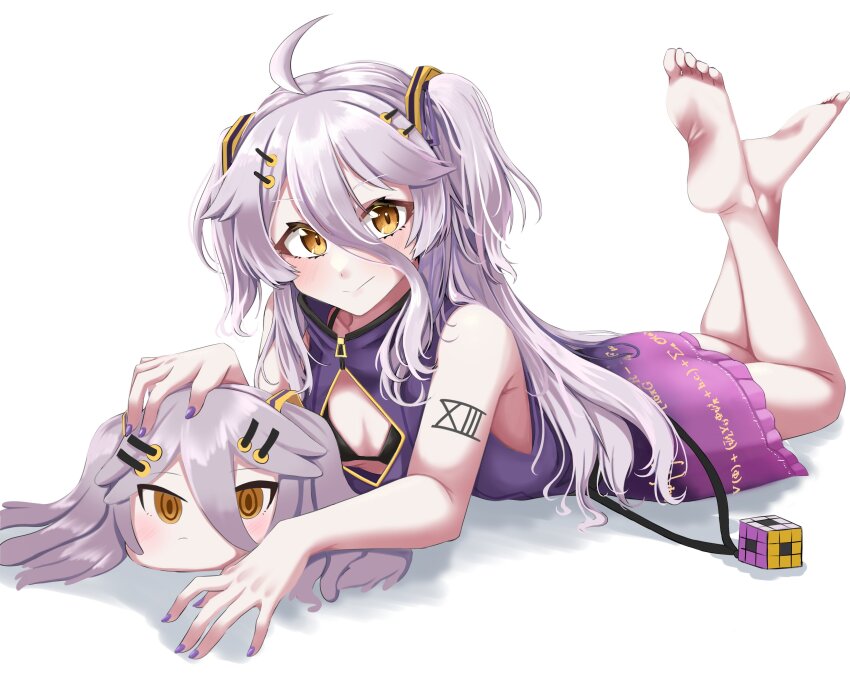 1girl, absurdres, ahoge, arm_tattoo, armpit_crease, bare_shoulders, barefoot, black_bra