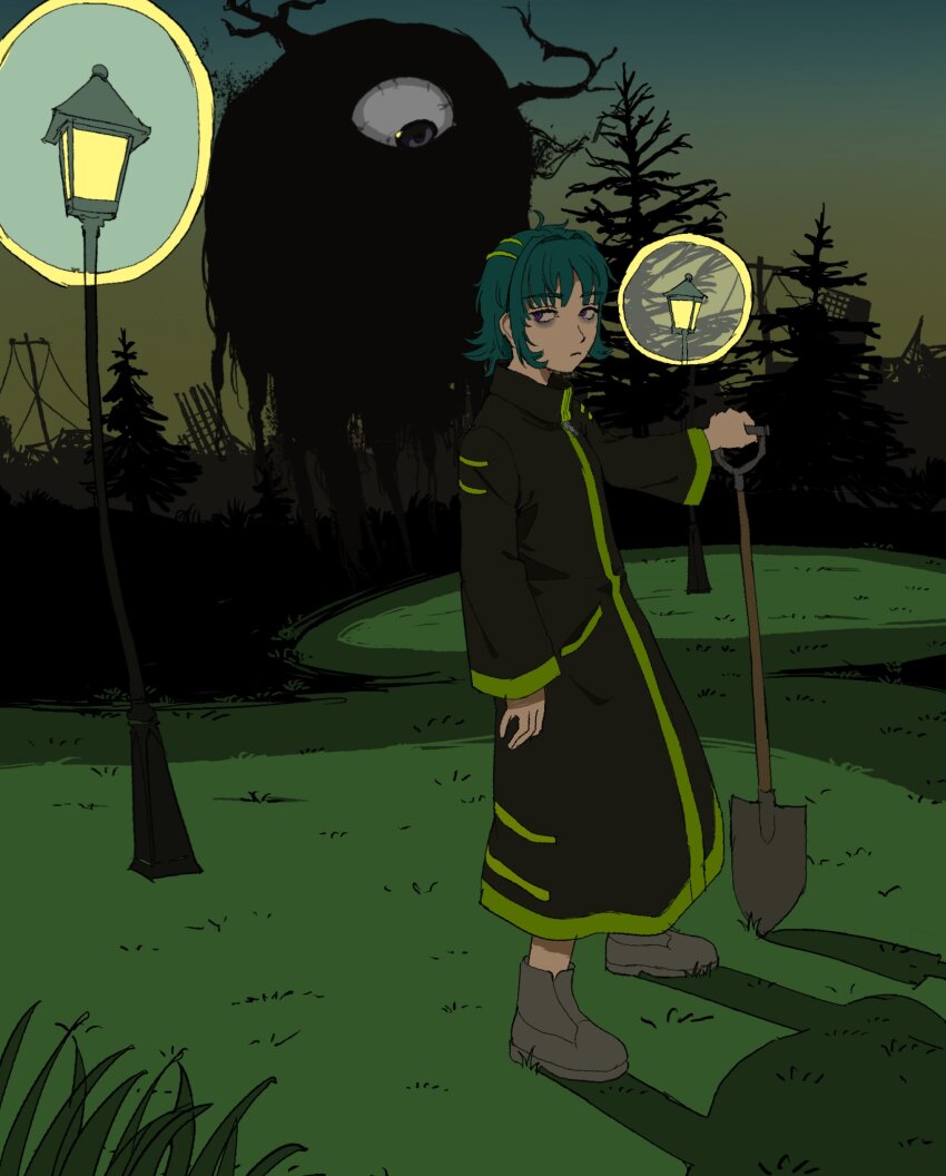 1girl, absurdres, answered_prayers, aqua_hair, arm_at_side, bags_under_eyes, blue_sky, closed_mouth