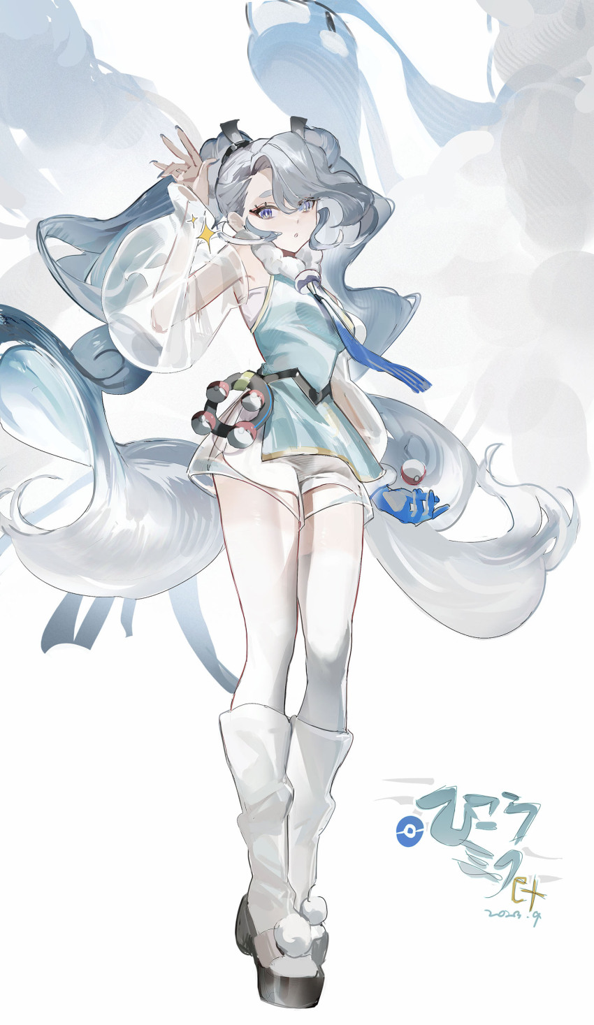 1girl, absurdres, altaria, blue_eyes, blue_gloves, blue_hair, detached_sleeves, double_bun