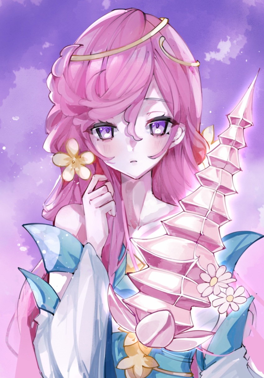 1girl, bare_shoulders, blush, douluo_dalu, dress, floating, floating_object, flower, gradient_background, hair_flower, hair_ornament, hand_up, highres, long_hair, looking_at_viewer, ning_rongrong_(douluo_dalu), parted_lips, pink_hair, purple_eyes, sash, solo, teeth, upper_body, white_dress, white_flower, yao_laoban