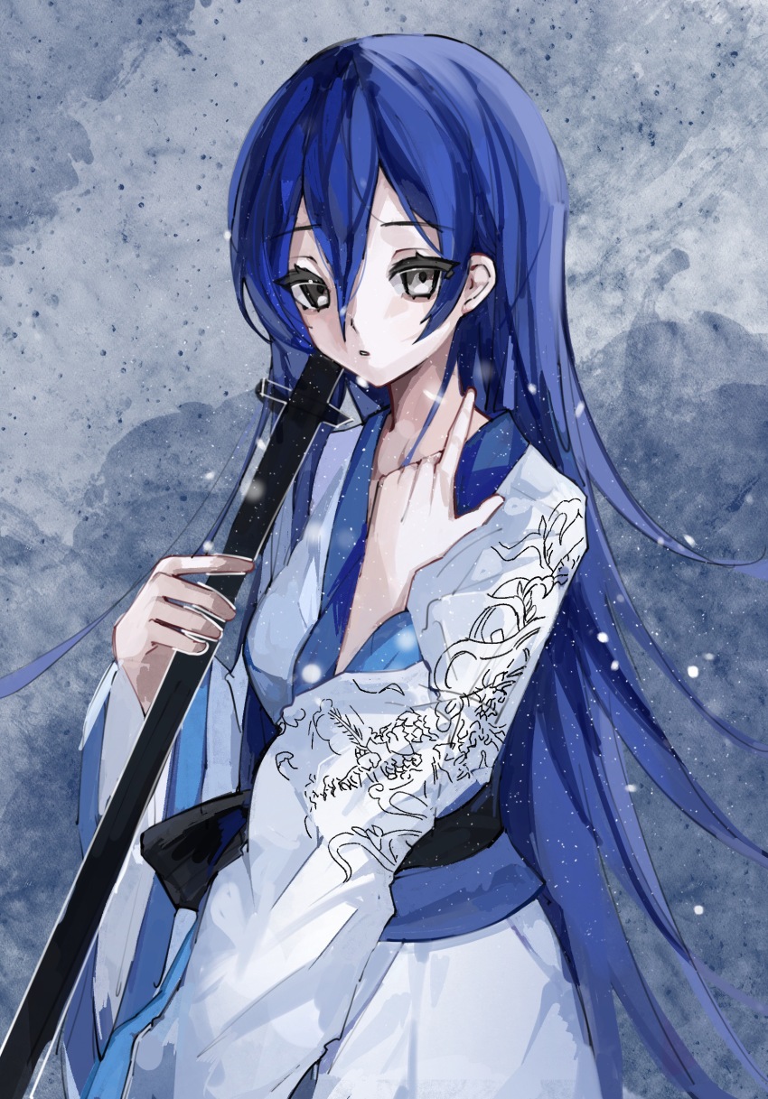 1girl, blue_hair, cang_yue_(tou_xing_jiuyue_tian), gradient_background, grey_eyes, highres, holding, holding_sword
