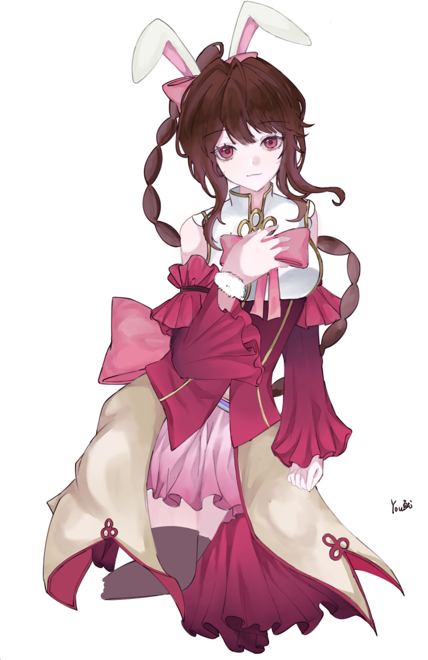 1girl, animal_ears, braid, braided_ponytail, closed_mouth, detached_sleeves, douluo_dalu, hair_ribbon