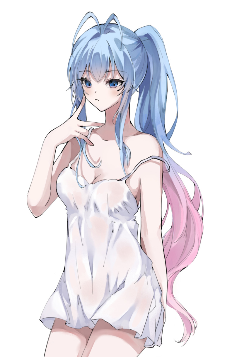 1girl, antenna_hair, arm_behind_back, bare_shoulders, blue_hair, blush, camisole, closed_mouth