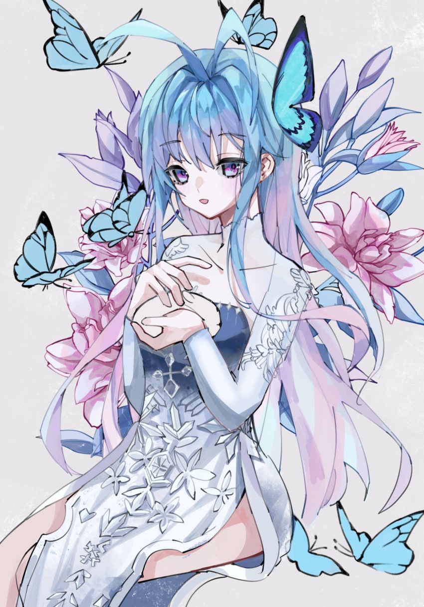 1girl, animal, antenna_hair, bare_legs, blush, bug, butterfly, butterfly_hair_ornament