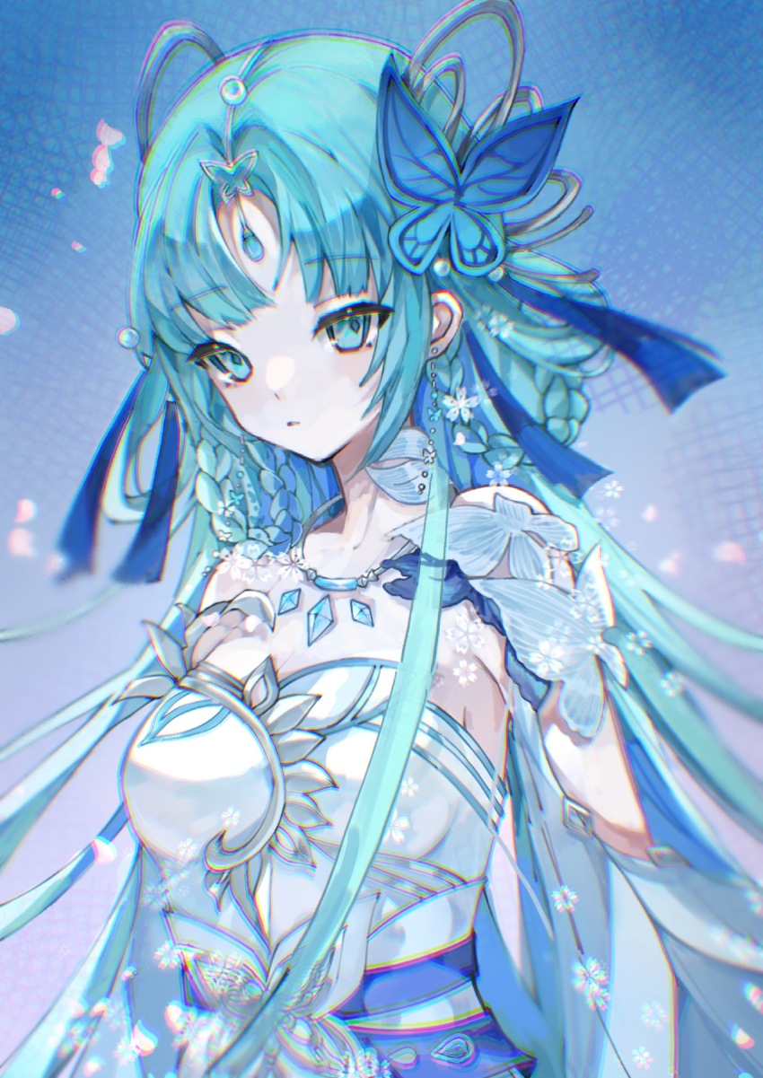 1girl, arm_cutout, asymmetrical_dress, blue_eyes, blue_hair, blurry, braid, braided_hair_rings