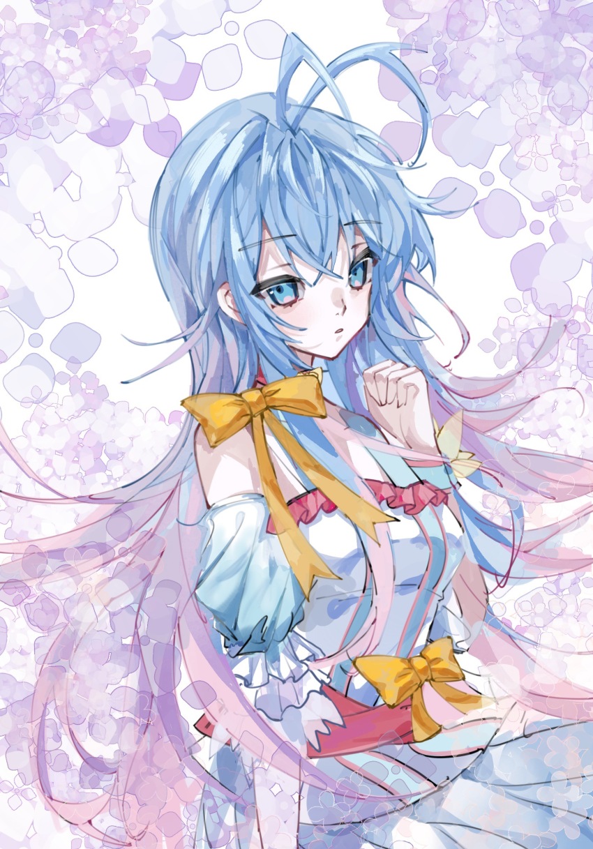 1girl, antenna_hair, blue_hair, breasts, clenched_hand, detached_sleeves, douluo_dalu, floral_background