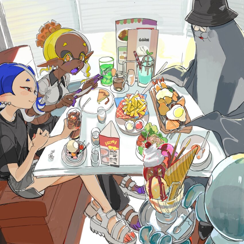 2girls, :>, :3, :t, alternate_costume, asymmetrical_hair, big_man_(splatoon), black_bow, black_bowtie, black_headwear, black_pants, black_shirt, blonde_hair, blue_hair, blush, bow, bowl, bowtie, breasts, bucket_hat, cafe, casual, chair, cherry, chewing, closed_mouth, collared_shirt, cream, crossed_legs, cup, cutting_board, dark-skinned_female, dark_skin, dolphin_shorts, drink, drinking_glass, drinking_straw, drooling, earrings, eating, fangs, female_focus, fish_(food), flat_chest, food, forehead, fork, french_fries, fried_egg, fruit, frye_(splatoon), grey_shirt, grey_shorts, hair_tie, half-closed_eyes, hands_up, happy, hat, highres, holding, holding_drink, holding_drinking_glass, holding_fork, holding_knife, ice, ice_cream, ice_cream_float, ice_cube, indoors, inkling, itou_(golem_inc), jellyfish_(splatoon), jewelry, ketchup, knife, lettuce, manta_ray, menu, midriff, mouth_drool, multiple_earrings, multiple_girls, nintendo, object_on_head, octoling, on_chair, open_mouth, orange_pupils, pancake, pants, pocky, pointy_ears, red_eyes, salad, salmon, sandals, shirt, shiver_(splatoon), short_hair, short_shorts, short_sleeves, shorts, side_slit, sitting, small_breasts, smile, splatoon_(series), splatoon_3, sports_sandals, sprinkles, sundae, syrup, syrup_dispenser, table, tempura, tentacle_hair, tentacles, tomato, tomato_slice, wafer_stick, waiter, white_footwear, window, yellow_eyes