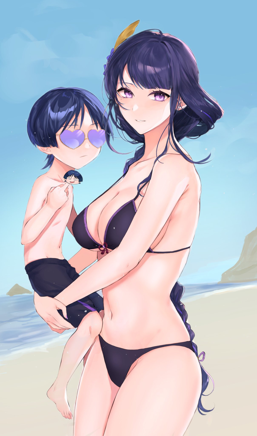 1boy, 1girl, aged_down, beach, bikini, black_bikini, black_male_swimwear, braid