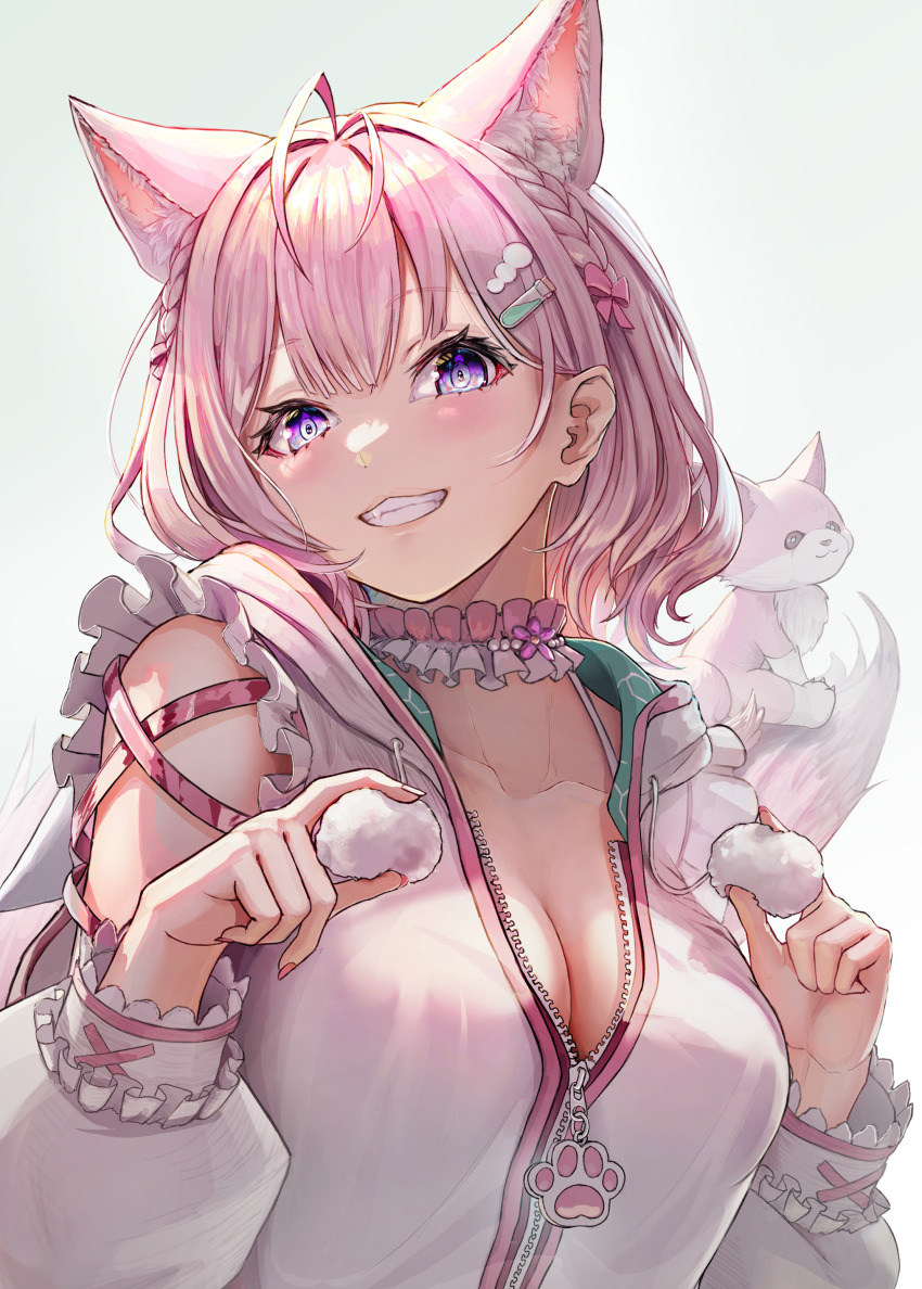 1girl, absurdres, animal_ear_fluff, animal_ears, animal_on_tail, antenna_hair, arm_cutout, badman6050