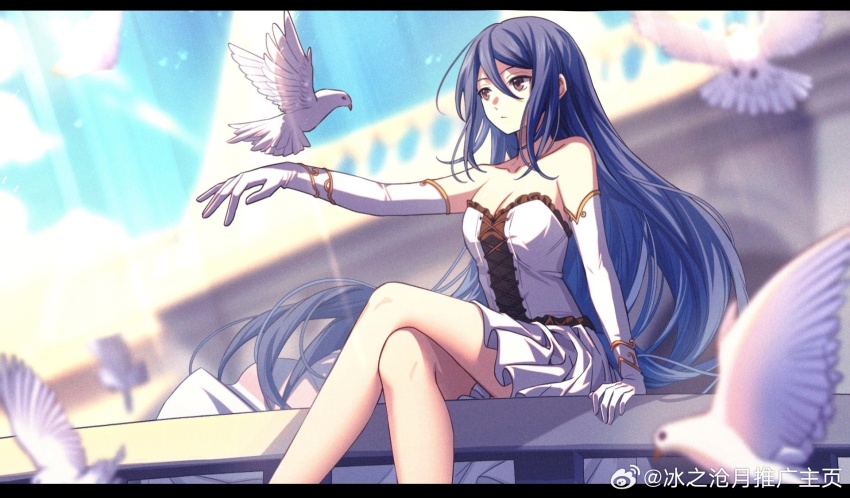 1girl, artist_request, bare_legs, bird, blue_hair, blue_sky, blurry, blurry_background