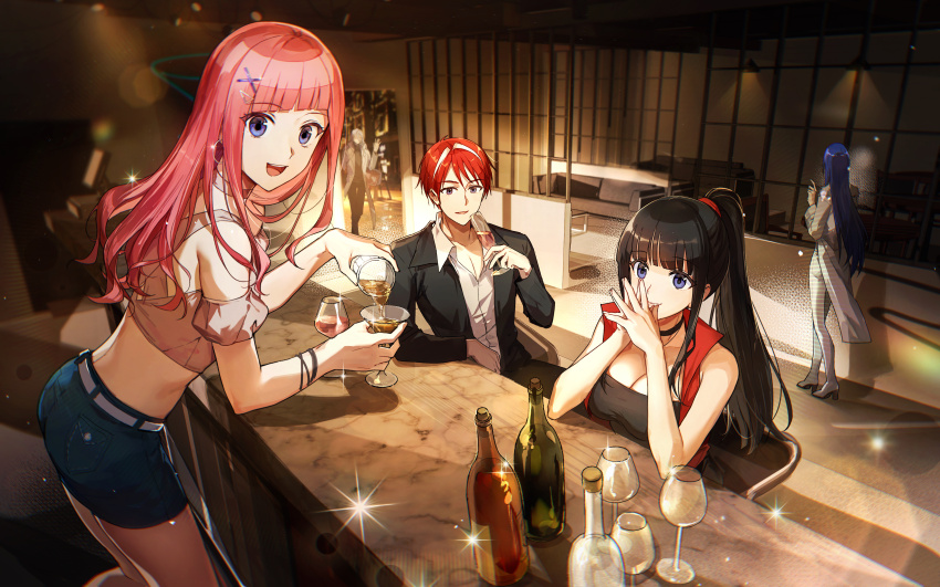 3girls, absurdres, bar_(place), black_hair, blue_eyes, blue_hair, blue_shorts, cang_yue_(tou_xing_jiuyue_tian)