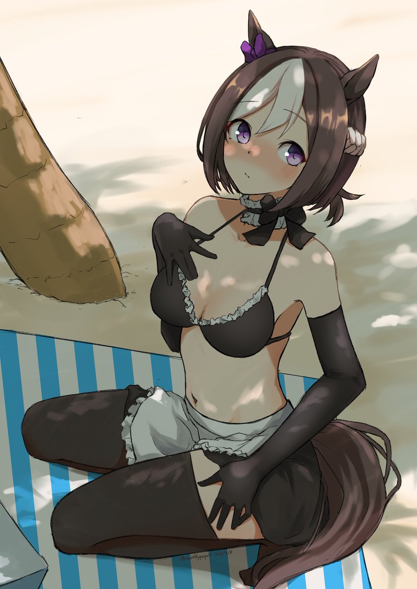 1girl, animal_ears, apron, beach_towel, bikini, black_gloves, black_thighhighs, blush, bow, breasts, brown_hair, commission, day, detached_sleeves, ear_bow, elbow_gloves, frills, gloves, hand_on_own_chest, highres, horse_ears, horse_girl, horse_tail, looking_at_viewer, maid, maid_bikini, medium_breasts, multicolored_hair, nose_blush, outdoors, purple_bow, purple_eyes, sand, shade, sitting, skeb_commission, solo, special_week_(umamusume), swimsuit, tail, thighhighs, towel, umamusume, umibudou, unconventional_maid, waist_apron, white_hair