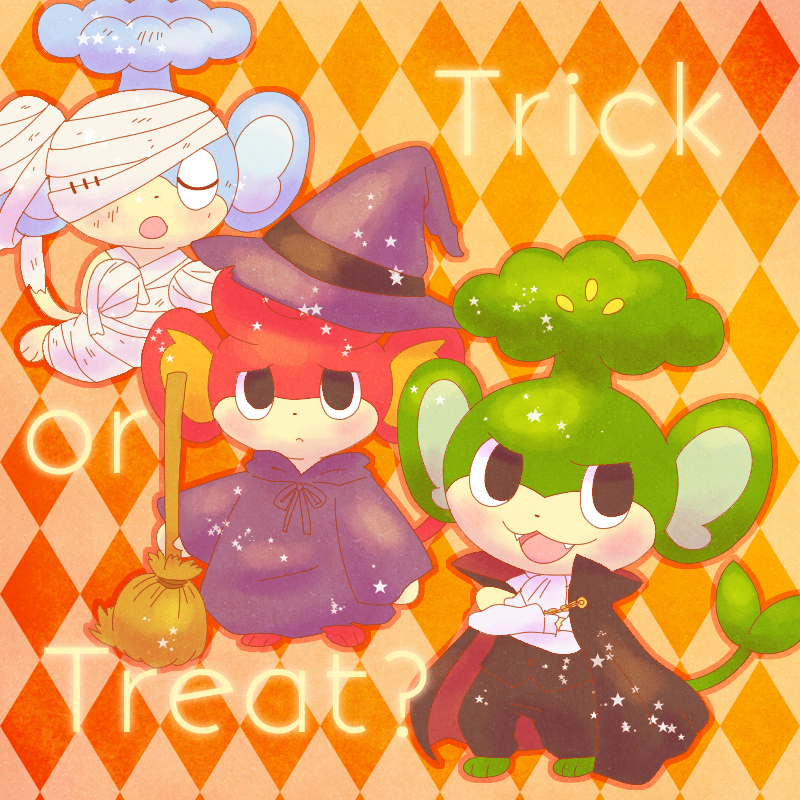 animal_focus, argyle_background, argyle_clothes, ascot, bandage_over_one_eye, black_cape, black_pants, blush