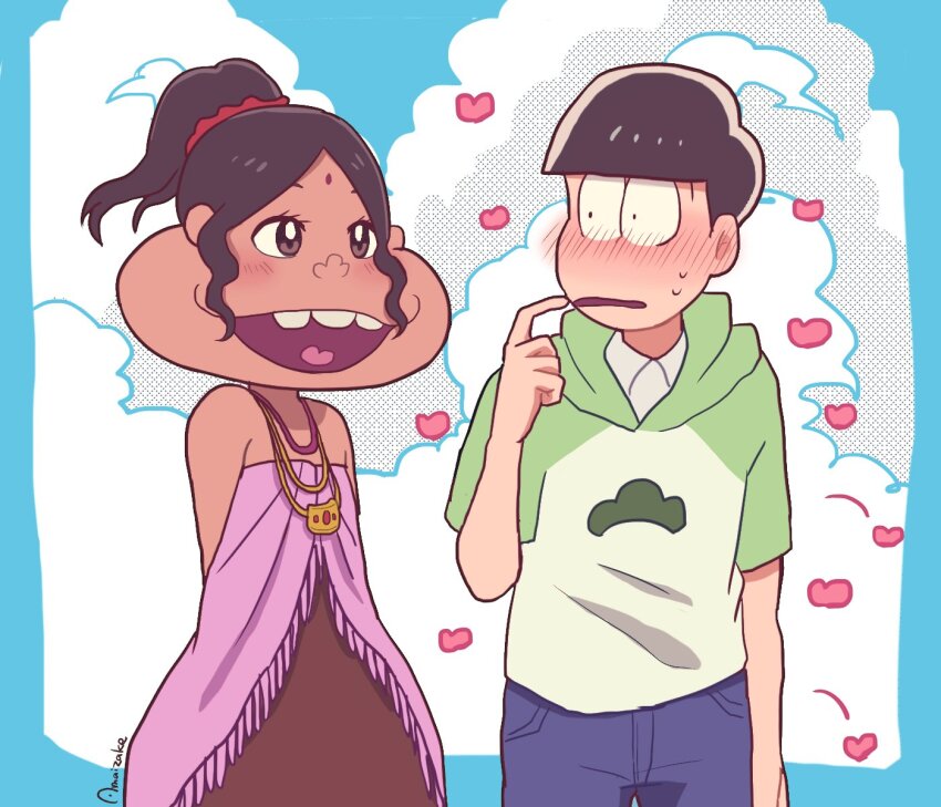 1boy, 1girl, alternate_hairstyle, amaizake, bindi, blush, brown_dress, brown_hair, curly_hair, dark-skinned_female, dark_skin, dayoon_girl, dress, heart, hetero, highres, hood, hoodie, jewelry, matsu_symbol, matsuno_choromatsu, necklace, open_mouth, osomatsu-san, osomatsu_(series), ponytail, raglan_sleeves, short_sleeves, sleeveless, sleeveless_dress, smile