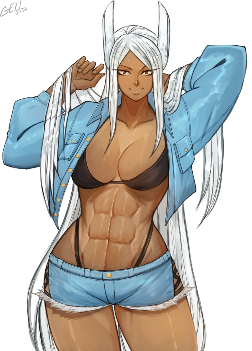 1girl, abs, absurdres, animal_ears, black_bra, black_panties, blue_shirt, blue_shorts