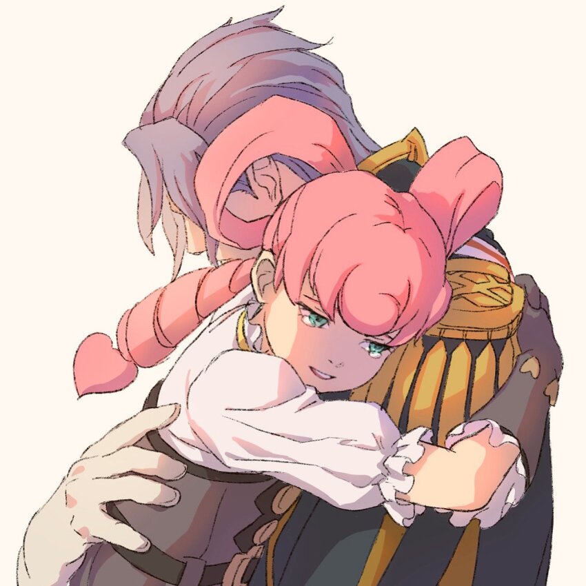 1boy, 1girl, ace_attorney, barok_van_zieks, black_jacket, bow-shaped_hair, brown_gloves, commentary, drill_hair, english_commentary, epaulettes, frilled_sleeves, frills, from_side, gloves, hair_rings, hand_on_another's_back, highres, hug, iris_wilson, jacket, long_hair, long_sleeves, open_mouth, pink_hair, profile, puffy_sleeves, reducto1art, shirt, short_hair, simple_background, tearing_up, the_great_ace_attorney, the_great_ace_attorney_2:_resolve, upper_body, white_background, white_gloves, white_shirt