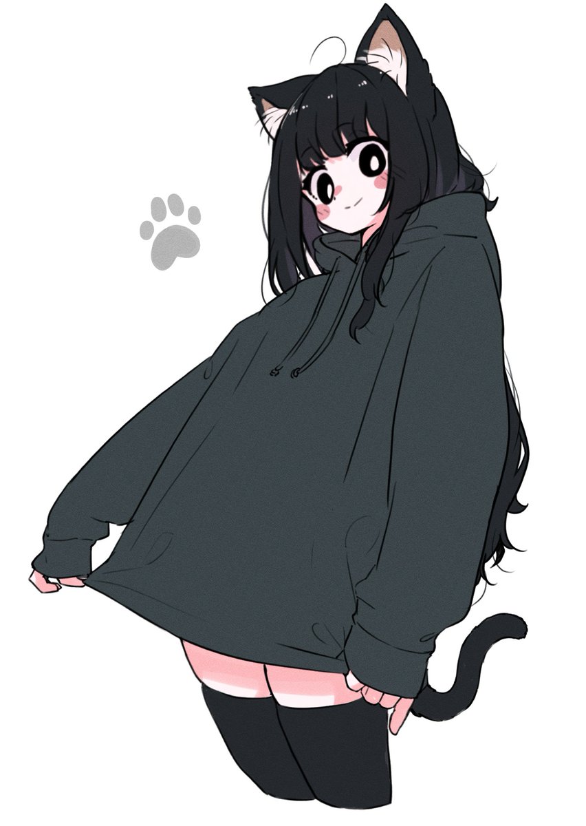 ahoge, animal_ears, black_eyes, black_hair, black_hoodie, black_shorts, blush, cat_ears