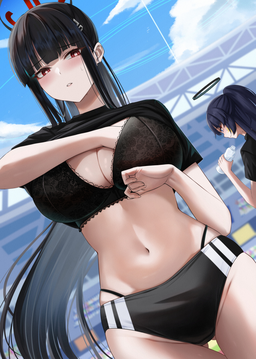 2girls, adjusting_breasts, black_bra, black_buruma, black_hair, black_shirt, blue_archive, blue_eyes