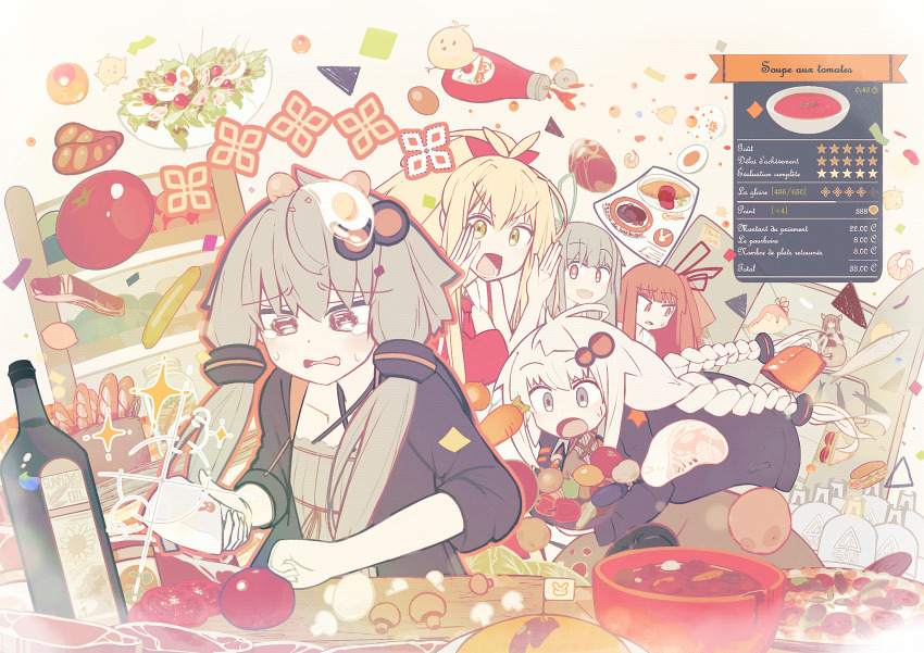 6+girls, :o, antenna_hair, baby_animal, bird, black_jacket, blonde_hair, braid, breasts, brown_dress, carrot, chick, commentary_request, cooking, cooking_oil, cooking_simulator, creature, criss-cross_halter, cutting, dress, egg_(food), fish, floating, floating_object, food, food_on_head, food_request, french_text, frown, furrowed_brow, gameplay_mechanics, glint, grey_hair, hair_ornament, halter_dress, halterneck, hardboiled_egg, high_ponytail, highres, holding, holding_food, holding_knife, jacket, ketchup_bottle, kitchen_knife, kizuna_akari, knife, kotonoha_akane, kotonoha_aoi, large_breasts, long_hair, low_twin_braids, mini_person, minigirl, multiple_girls, mushroom, muted_color, necktie, nervous, object_on_head, omelet, omurice, open_mouth, otukimi, partially_cracked_egg, pizza, ponytail, potato, propane_tank, raised_eyebrow, raw_meat, recipe_(object), red_hair, red_necktie, refrigerator, ribbed_dress, salad, sandwich, seyanaa, shirt, short_hair_with_long_locks, shouting_with_hands, sleeveless, sleeveless_shirt, sliced_meat, soup, sparkle, submarine_sandwich, surprised, sweatdrop, tearing_up, tomato, tomato_slice, touhoku_kiritan, tripping, tsurumaki_maki, twin_braids, v-shaped_eyebrows, vocaloid, voiceroid, wavy_eyes, yuzuki_yukari