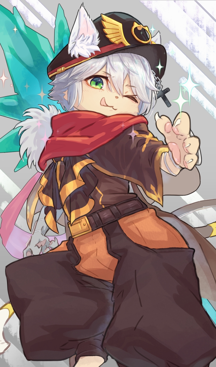 1boy, :3, :q, animal_ear_fluff, animal_ears, animal_hands, belt, black_hat, brown_belt, brown_capelet, brown_pants, brown_shirt, capelet, cat_boy, cat_ears, closed_mouth, commentary_request, cross, ears_through_headwear, feet_out_of_frame, furry, furry_male, green_eyes, hair_between_eyes, hat, highres, long_bangs, looking_at_viewer, male_focus, military_hat, one_eye_closed, pants, peaked_cap, pi_(pyaaaro), ragnarok_online, red_scarf, scarf, shirt, smile, solo, summoner_(ragnarok_online), tongue, tongue_out, white_hair