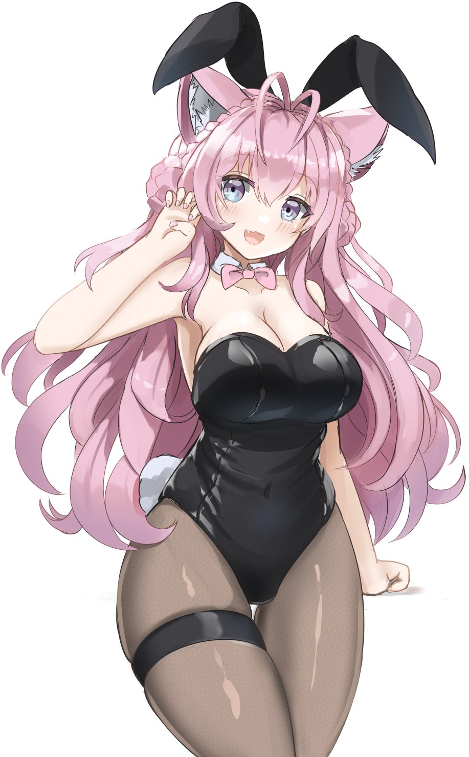 1girl, :3, animal_ear_fluff, animal_ears, antenna_hair, bare_arms, bare_shoulders, black_leotard
