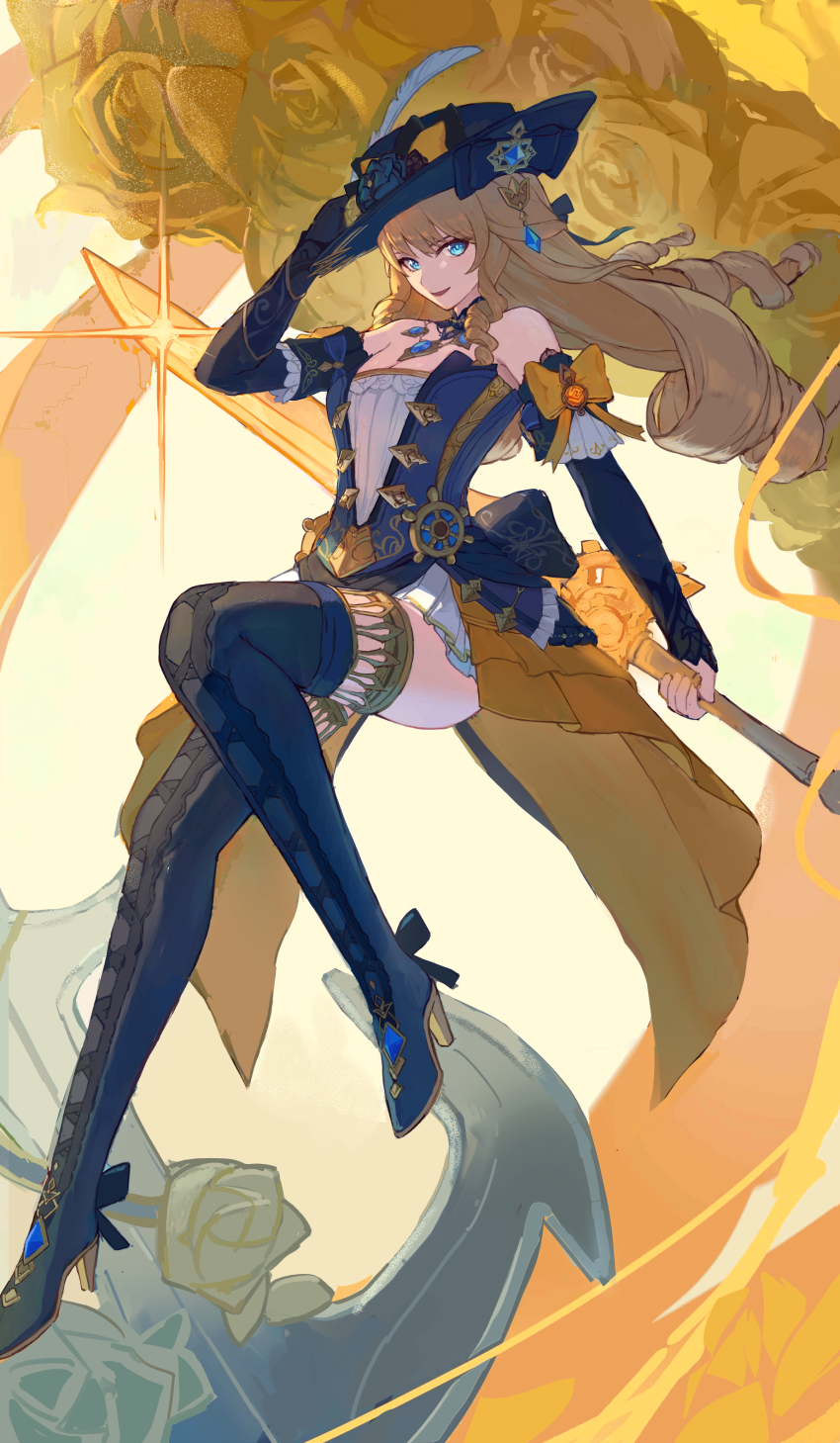 1girl, absurdres, bare_shoulders, black_boots, black_flower, black_hat, black_rose, black_sleeves