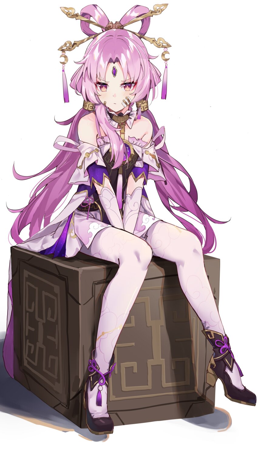 1girl, absurdres, bandages, bandaid, bandaid_on_face, bare_shoulders, between_legs, black_shoes