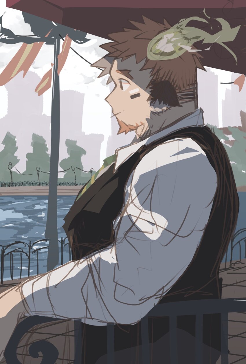 1boy, against_fence, alternate_costume, animal_ears, bara, black_vest, cow_boy, cow_ears