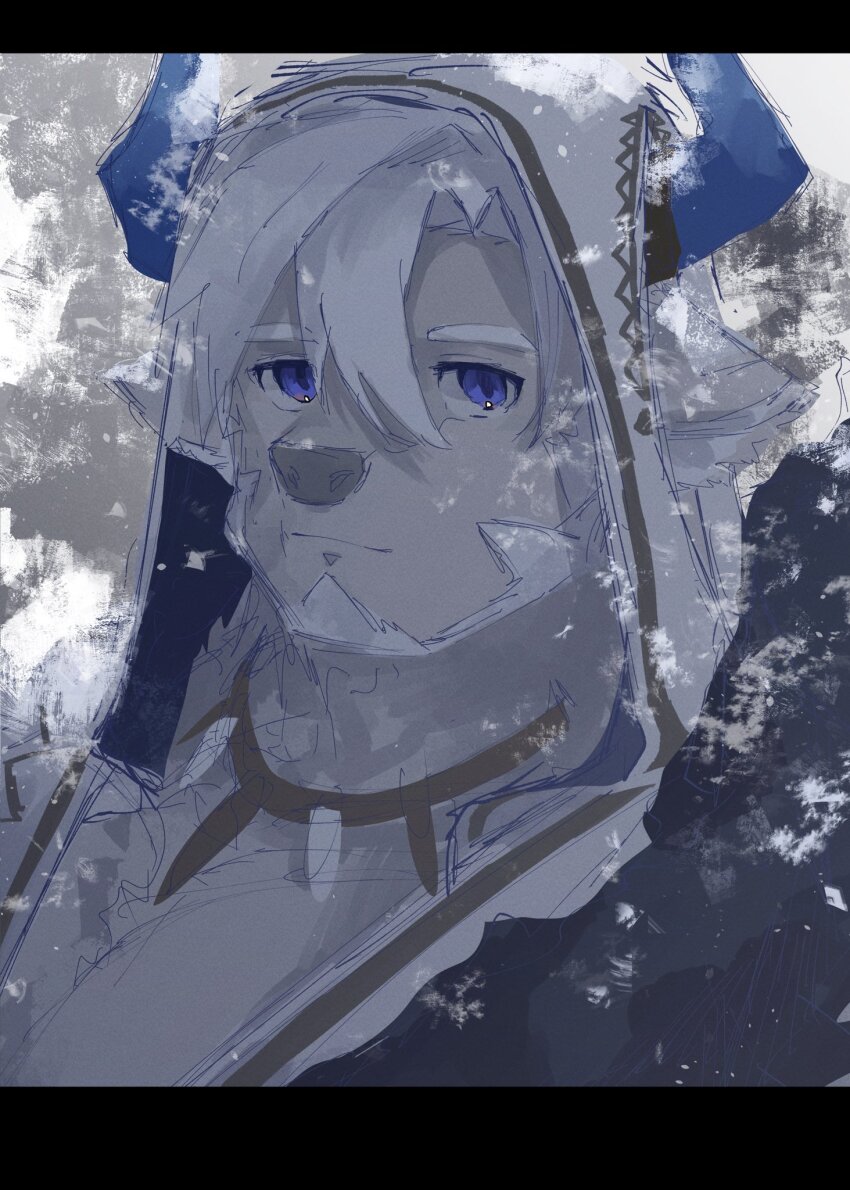 1boy, animal_ears, bara, beard, bigfoot_(housamo), blue_eyes, blue_horns, cow_ears