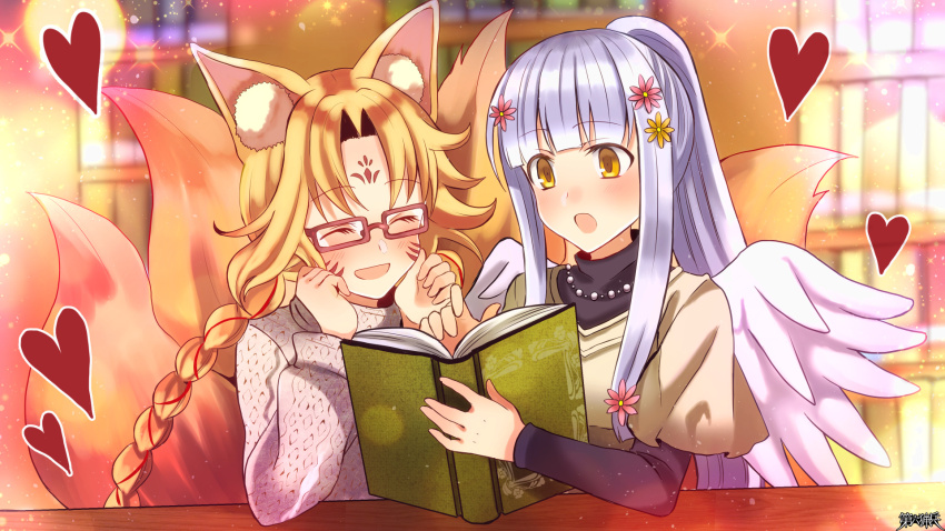 2girls, airi_ganguru, animal_ear_fluff, animal_ears, blunt_bangs, blush, book, bookshelf