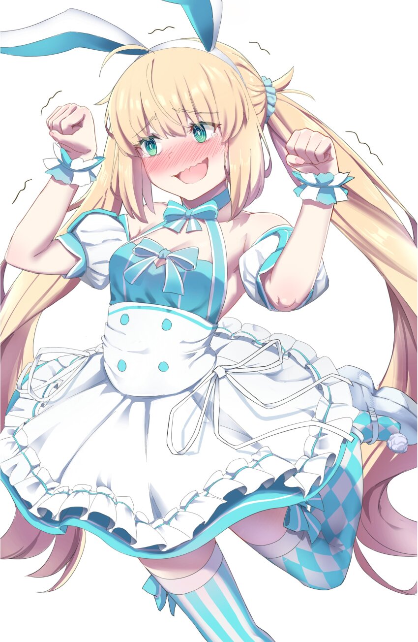 1girl, @_@, absurdres, ahoge, animal_ears, argyle_clothes, argyle_thighhighs, artoria_caster_(fate)
