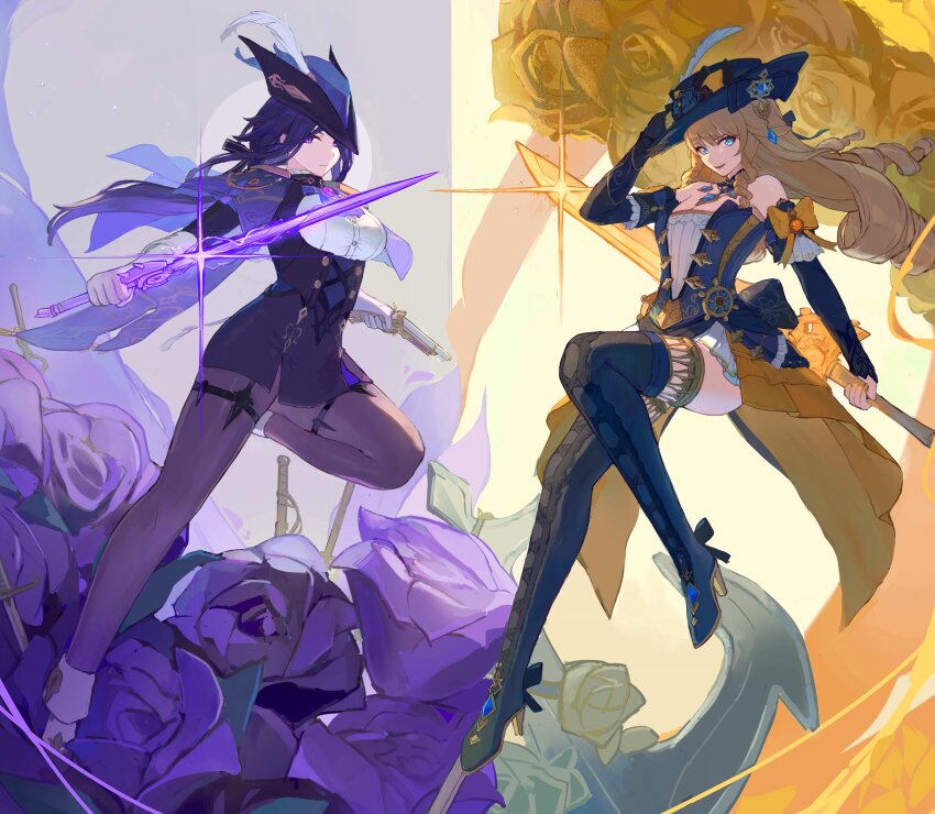 2girls, absurdres, bare_shoulders, black_footwear, black_gloves, black_headwear, blonde_hair, blue_cape